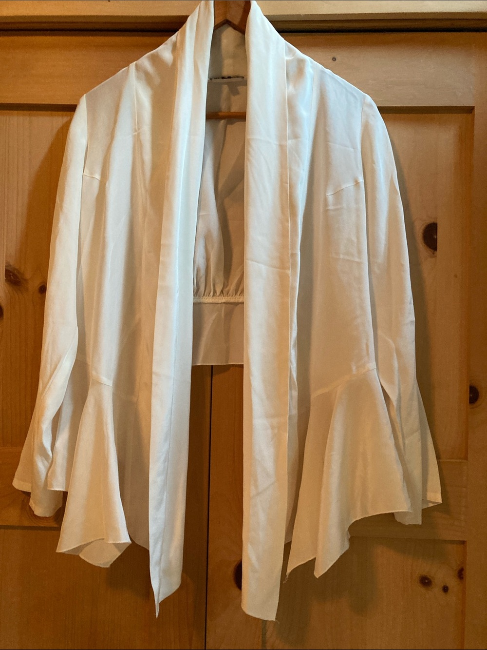 Boulee Draped Open-Front Cardigan with Shawl Collar and Ruffled Peplum Hem